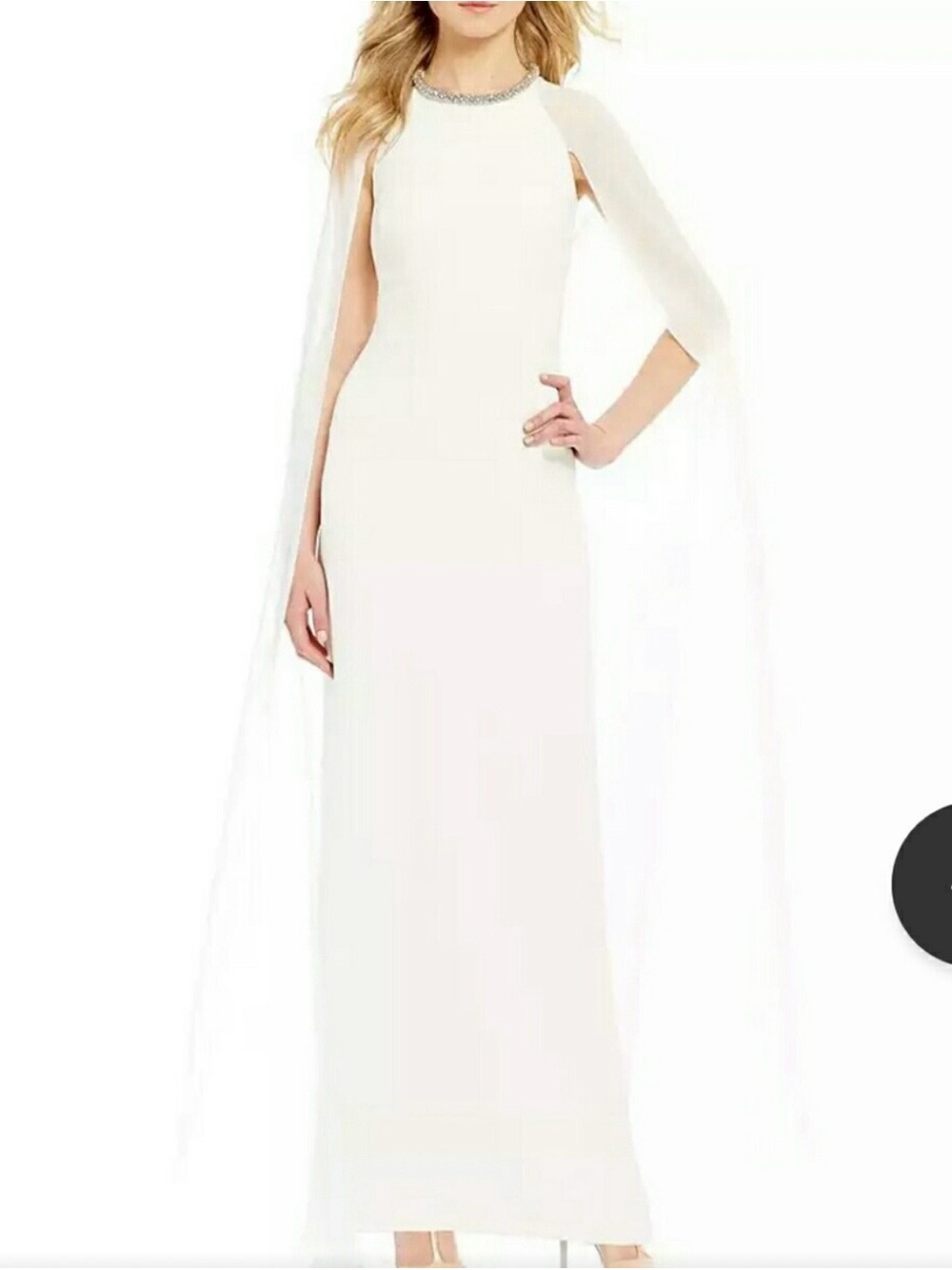 Calvin Klein White Cape-Shoulder beaded neckline Evening Gown